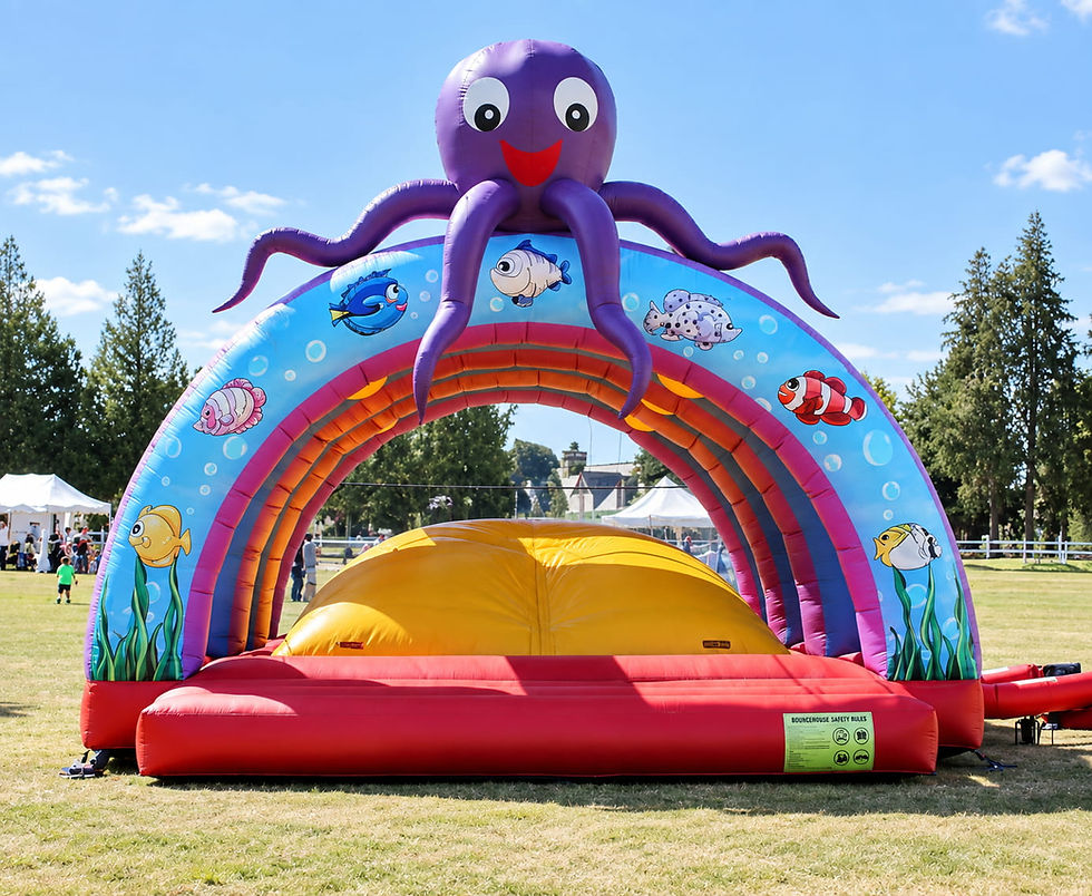 Château Poulpe gonflable avec arche marine et poulpe violet installé en extérieur