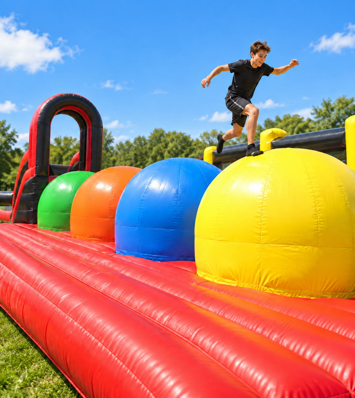 Participant franchissant les obstacles gonflables du Maxi Wipeout en extérieur