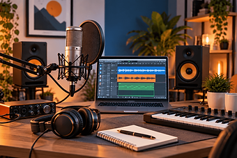 Beginner home recording studio with microphone, headphones, audio interface and laptop
