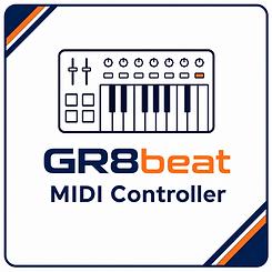 MIDI keyboard controller with pads and control knobs in a home music production setup.