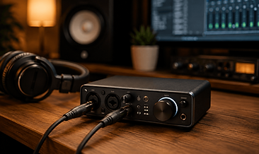 Audio interface connected to a laptop in a home studio.