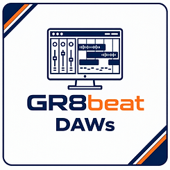 Laptop displaying digital audio workstation (DAW) software in a home music studio with headphones, audio interface, MIDI keyboard and monitor speaker.