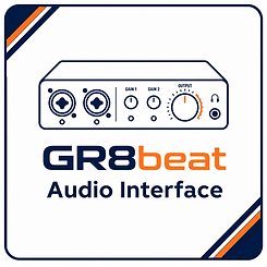 Audio interface connected to a laptop in a home studio.