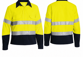 Front and rear view of hi-vis yellow and navy flame-resistant jacket JK3082 with reflective tape