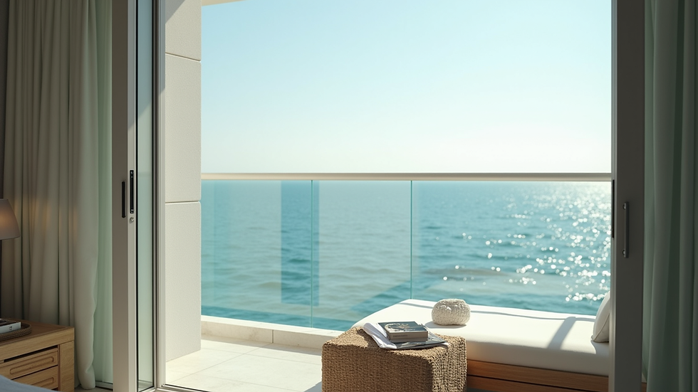 Eye-level view of a luxury suite balcony overlooking a calm ocean