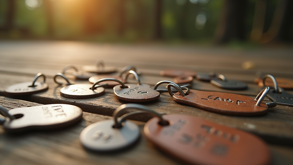 Eye-level view of a variety of camping-themed pet tags displayed on a wooden surface
