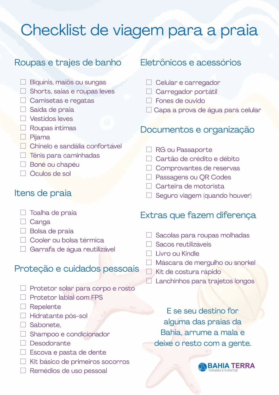 Checklist de viagem para a praia para imprimir