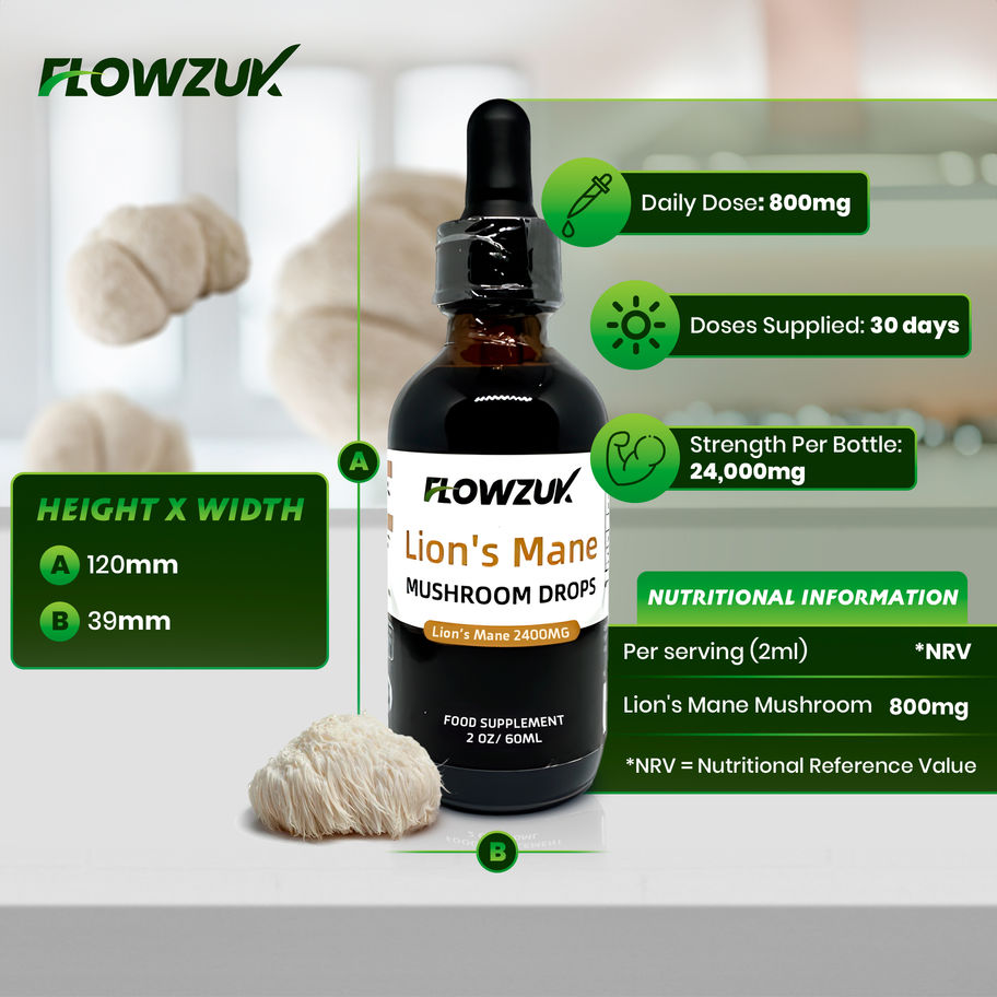 Flowzuk Lion's Mane Mushroom Drops: Daily Dose 800mg, 30-day supply, 24,000mg bottle