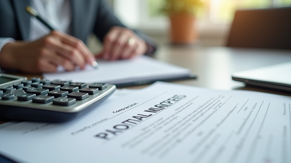 High angle view of a property management contract and calculator