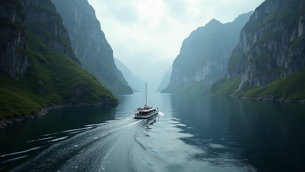 High angle view of a small boat cruising through a narrow fjord with towering cliffs