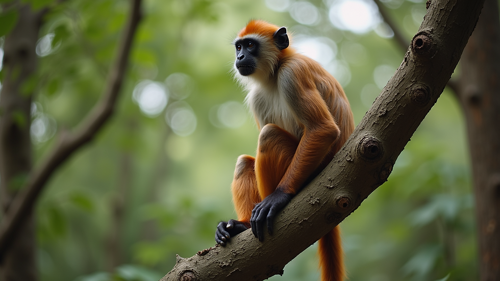 High angle view of a red colobus monkey sitting on a tree branch in Jozani Forest