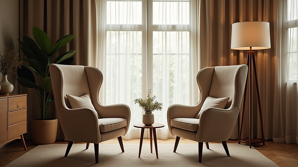 Eye-level view of a cozy living room with two chairs facing each other