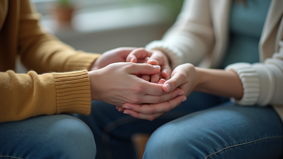 Close-up view of a couple holding hands during an online therapy session