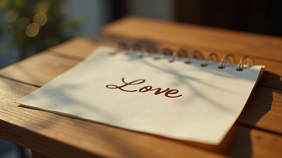 Close-up view of a handwritten love note on a wooden table