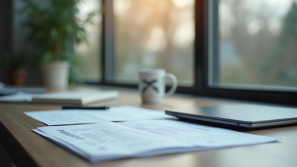 Vue rapprochée d’un bureau avec des documents d’assurance et un ordinateur portable