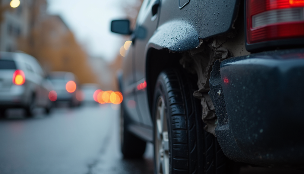 Close-up view of a car's rear bumper damaged from a rear-end collision