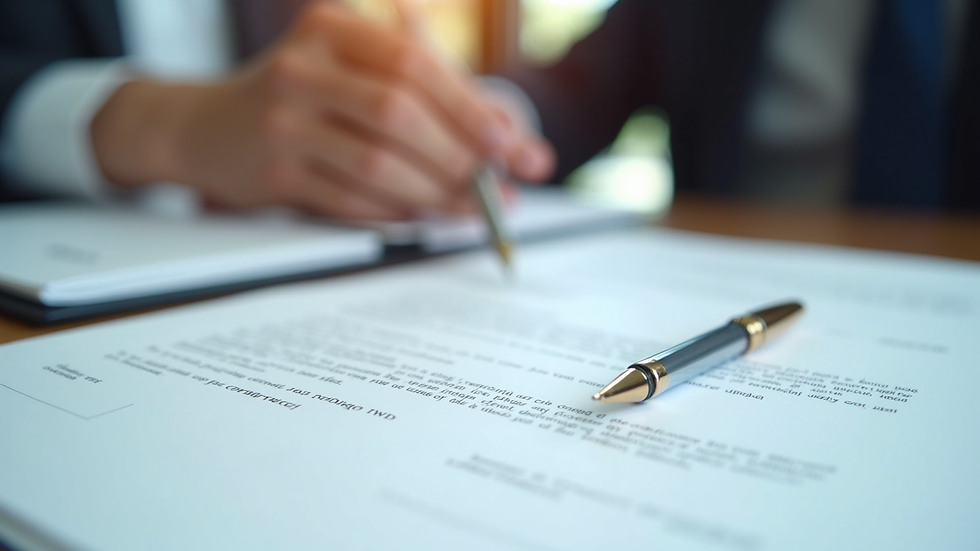 Close-up view of a legal contract and pen on a desk