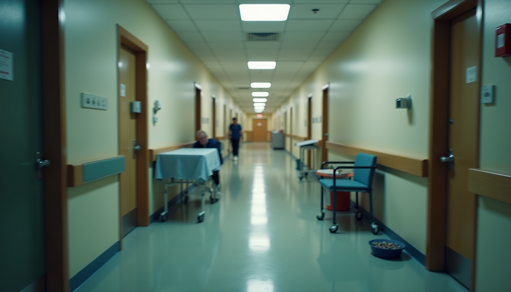 Close-up of a nursing home hallway with signs of disarray