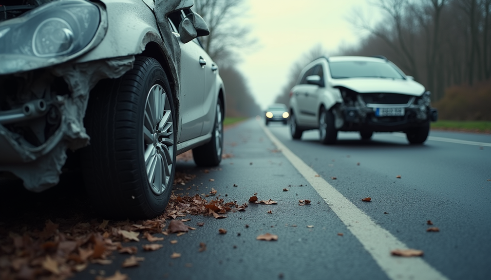 Close-up view of a car accident scene with damaged vehicles