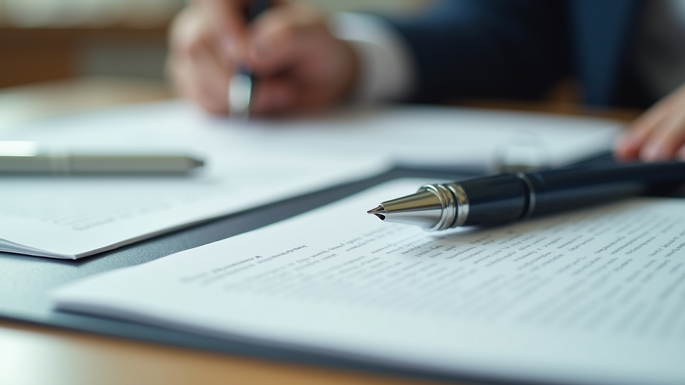 Close-up view of legal documents and a pen on a desk