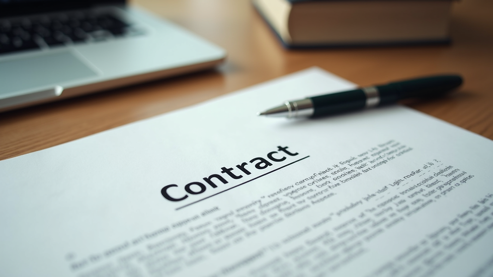 Close-up view of a legal contract and a pen on a wooden desk