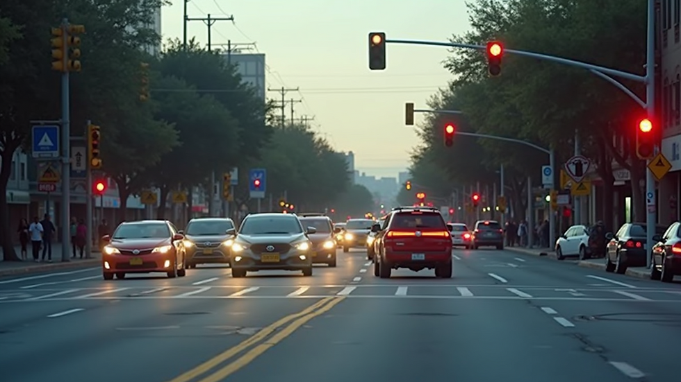 Eye-level view of a busy intersection with cars stopped at a red light