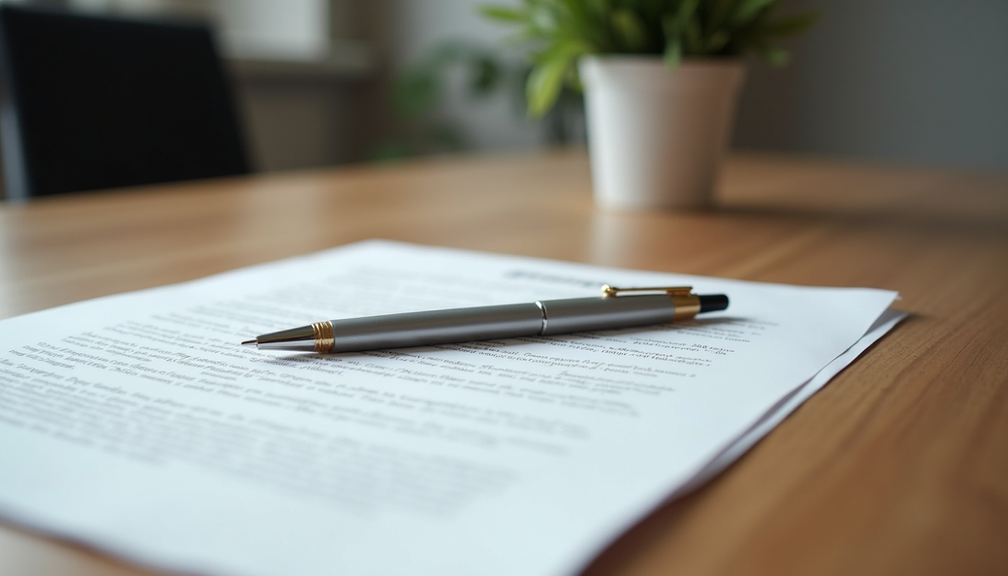 Eye-level view of a legal document and pen on a wooden desk