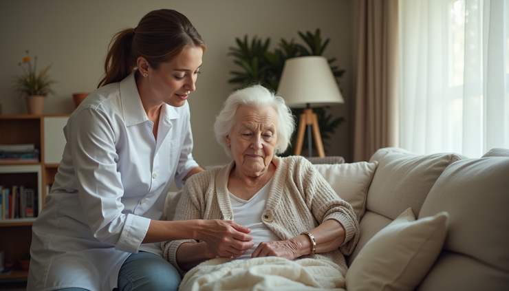 Eye-level view of a caregiver assisting an elderly woman with daily activities in a cozy living room