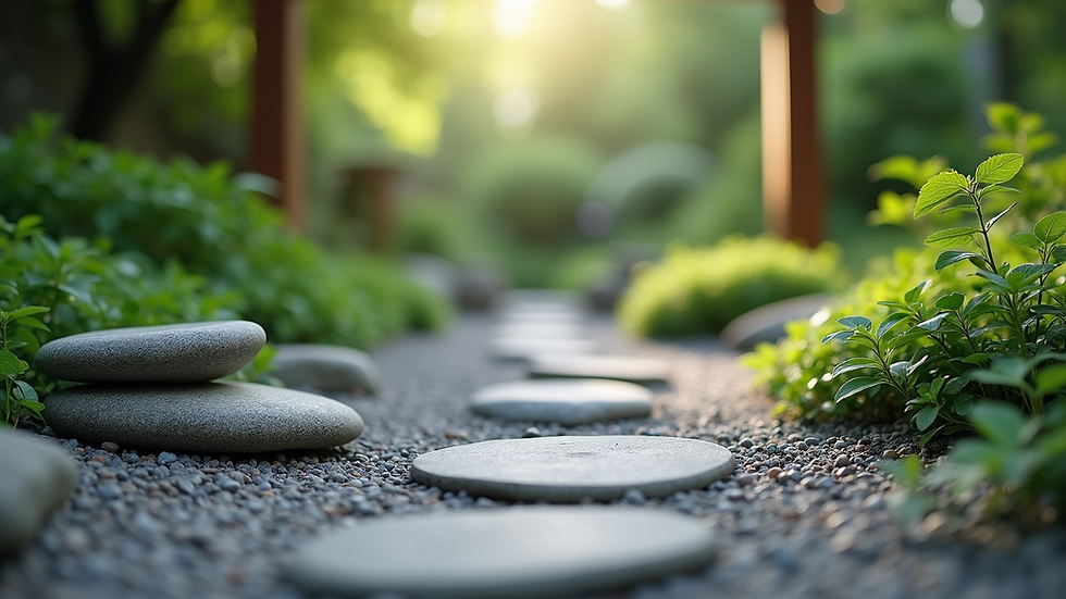Eye-level view of a peaceful zen garden with stones and greenery