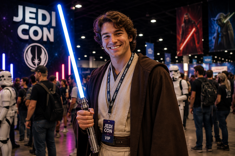 Smiling Star Wars fan posing with a lightsaber at a lively cosplay convention.
