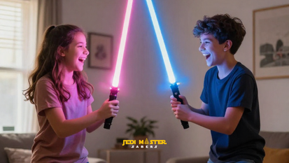 sister and brother playing with lightsabers