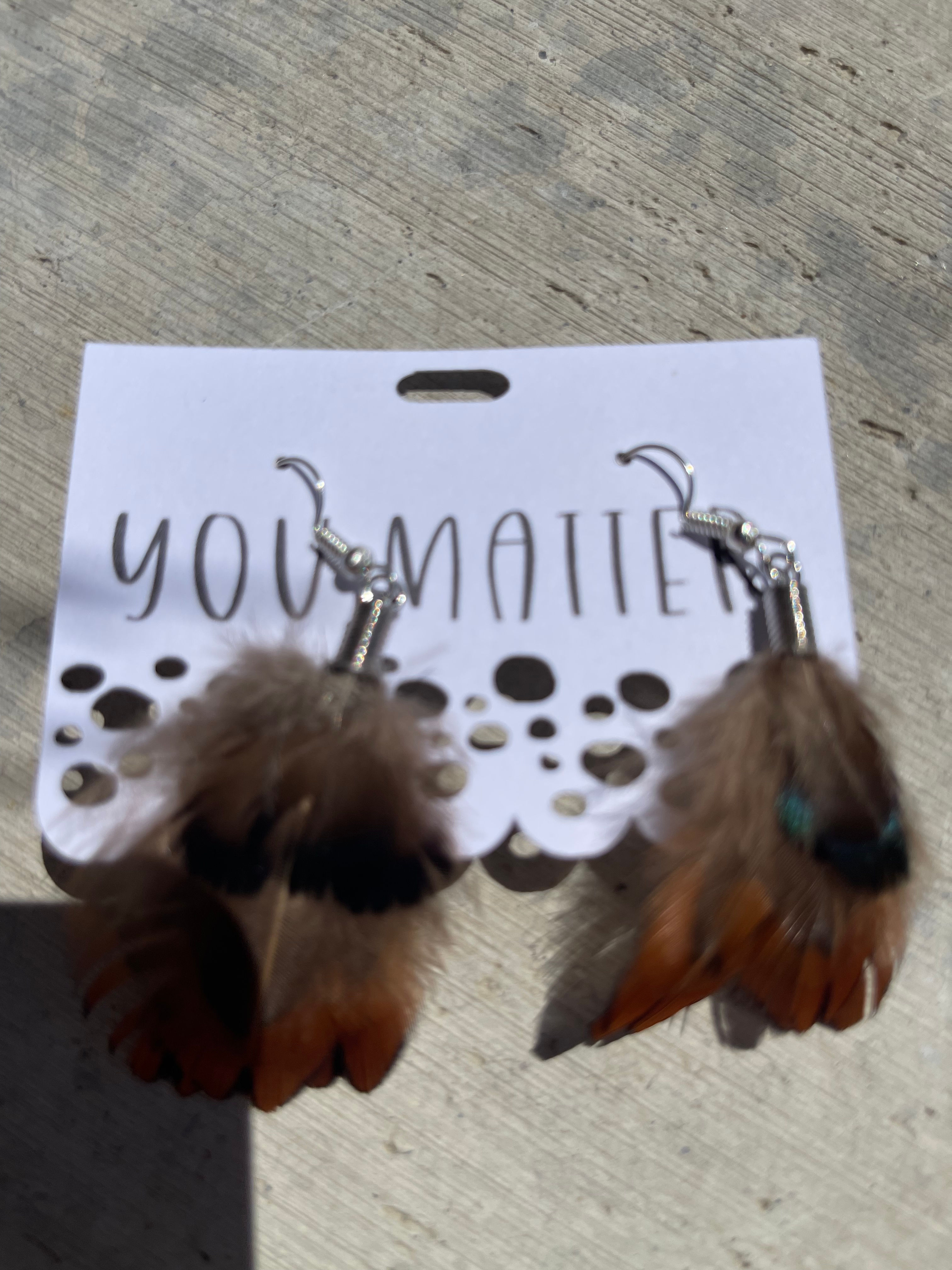 Brown and teal feather earrings
