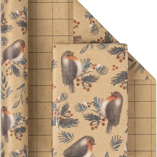 WRAPAHOLIC Kraft Christmas Wrapping Paper - Mini Roll - 17 Inch x 33 Feet - Christmas Bird and Holly Design for Christmas, Holiday, Party Celebration