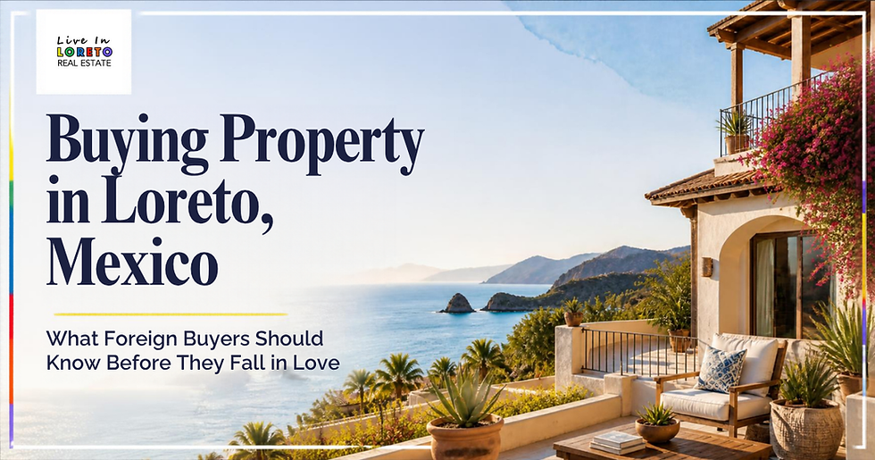 Real estate promo for Buying Property in Loreto, Mexico, showing a sunny oceanfront villa terrace with sea and mountains.