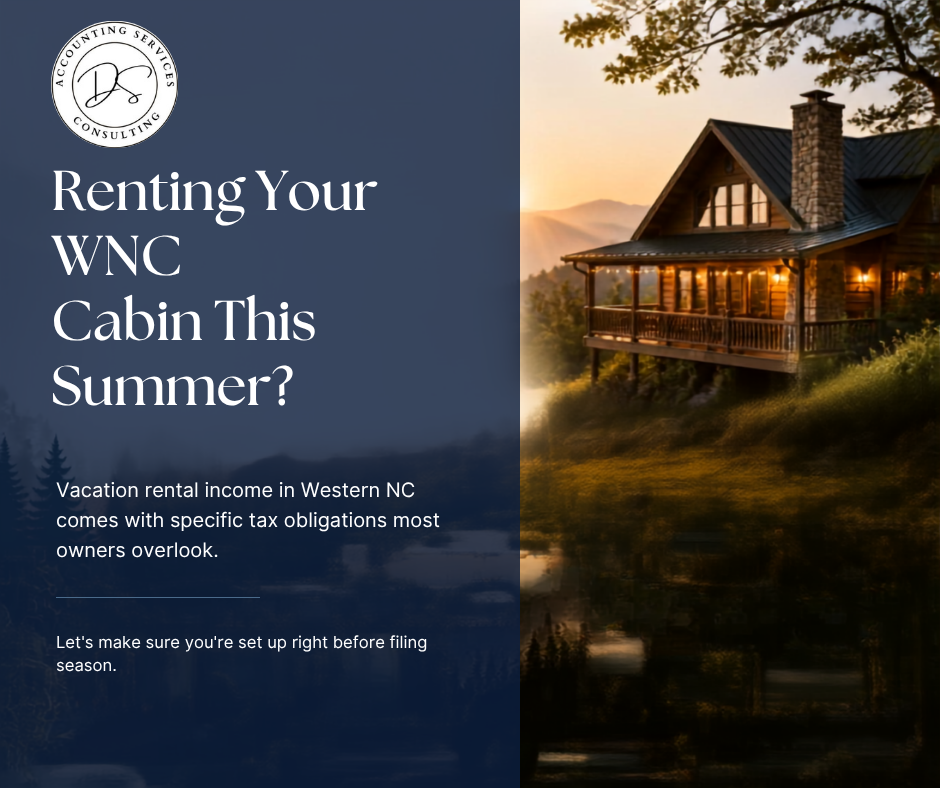 Promotional graphic with logo and text about renting a WNC cabin this summer, beside a glowing sunset cabin in the mountains.