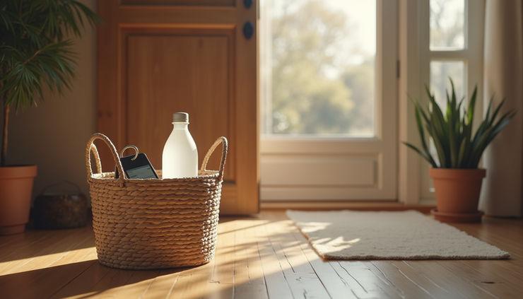 Eye-level view of a home entryway with an open basket holding keys, phone charger, and water bottle
