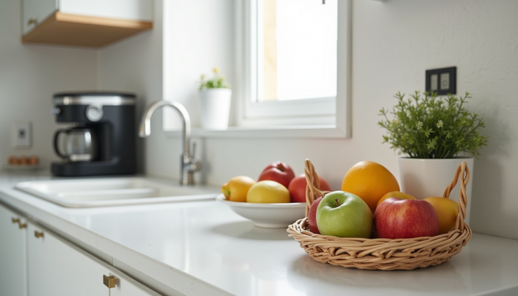 Close-up of a kitchen counter with a clear zone featuring a coffee maker, fruit bowl, and snack basket