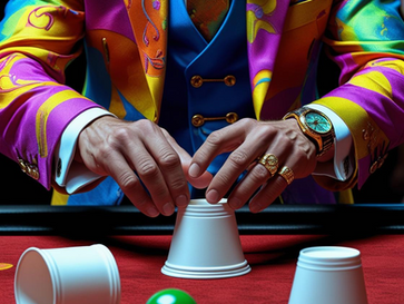 A flamboyantly dressed man in a neon-colored suit performs a shell game with white plastic cups on a red table. He wears gold rings and a luxury watch, exuding wealth and swagger. A green ball sits outside the cups, suggesting misdirection. The image symbolizes manipulation, distraction, and economic deceit.