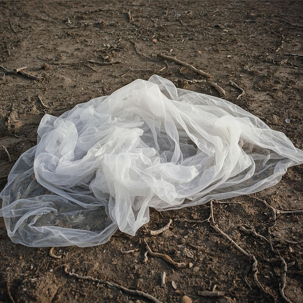 A thin white veil lies crumpled on dry, cracked earth scattered with roots and twigs, symbolizing the collapse of illusion and the exposure of harsh reality.