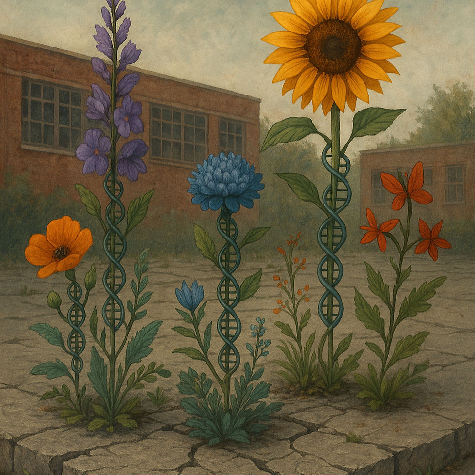 Abstract illustration of vibrant flowers with DNA strands growing from cracks in an abandoned schoolyard, symbolizing autism and neurodivergent adaptation.