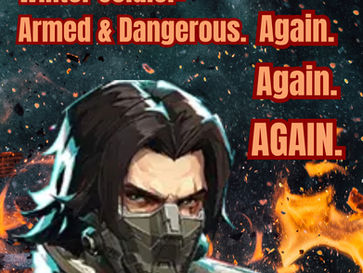 Animated version of Winter Soldier from Marvel Rivals in a fire-and-embers background with the text “Armed & Dangerous. Again. Again. AGAIN.” emphasizing repeated trauma and return.