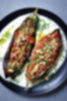 Stuffed Aubergine on Yogurt Base with Rocket Salad and Flatbread