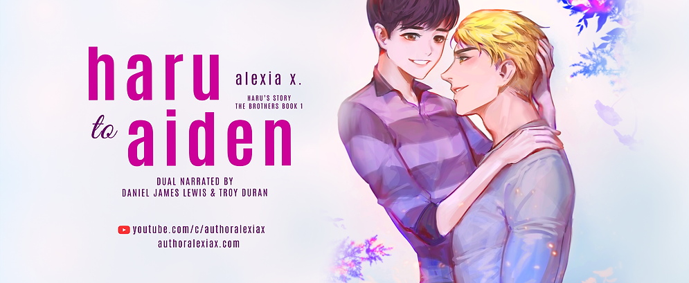 manga anime illustration of a beautiful bl yaoi couple embracing, beautiful uke hot seme, black hair male character, blond hair male character, novel cover banner of a steamy bl yaoi haru to aiden by author alexia x and alexia praks, bl boy's love yaoi mm romance novel