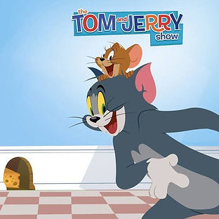 Promotional artwork for The Tom and Jerry Show, showing Tom (a bluish gray cat with a light gray stomach), Jerry (a tiny brown mouse), their kitchen (complete with mouse hole and checkered floor). Jerry is peeking out over the top of Tom's head.