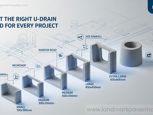Comparison of four PVC U-drain mould sizes with concrete castings, labeled by dimensions from 100mm to 600mm, designed for road and stormwater drainage applications in India