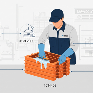 PVC paver mould maintenance process illustration showing anti-stick coating, proper cleaning, drying racks, and safe storage steps.