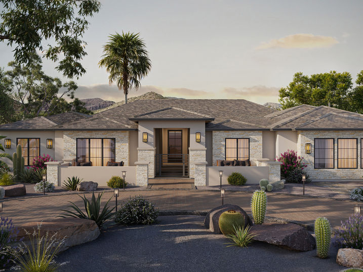 Arizona pre-designed custom home floor plan 4581 — Elevation A1 desert modern stucco and stacked stone exterior