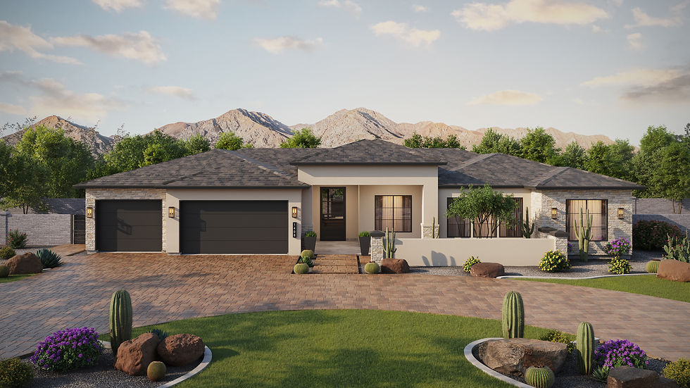 Arizona pre-designed custom home floor plan 3272 — Elevation A1 desert modern stucco and stacked stone exterior