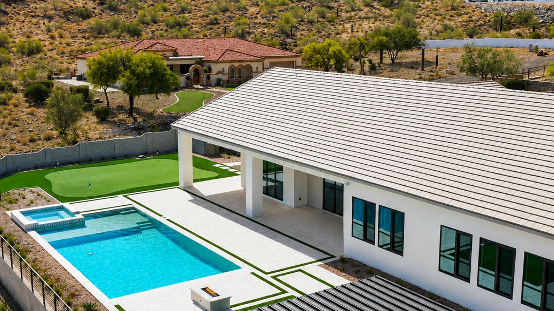 Aerial view of Mirage home pool and putting green
