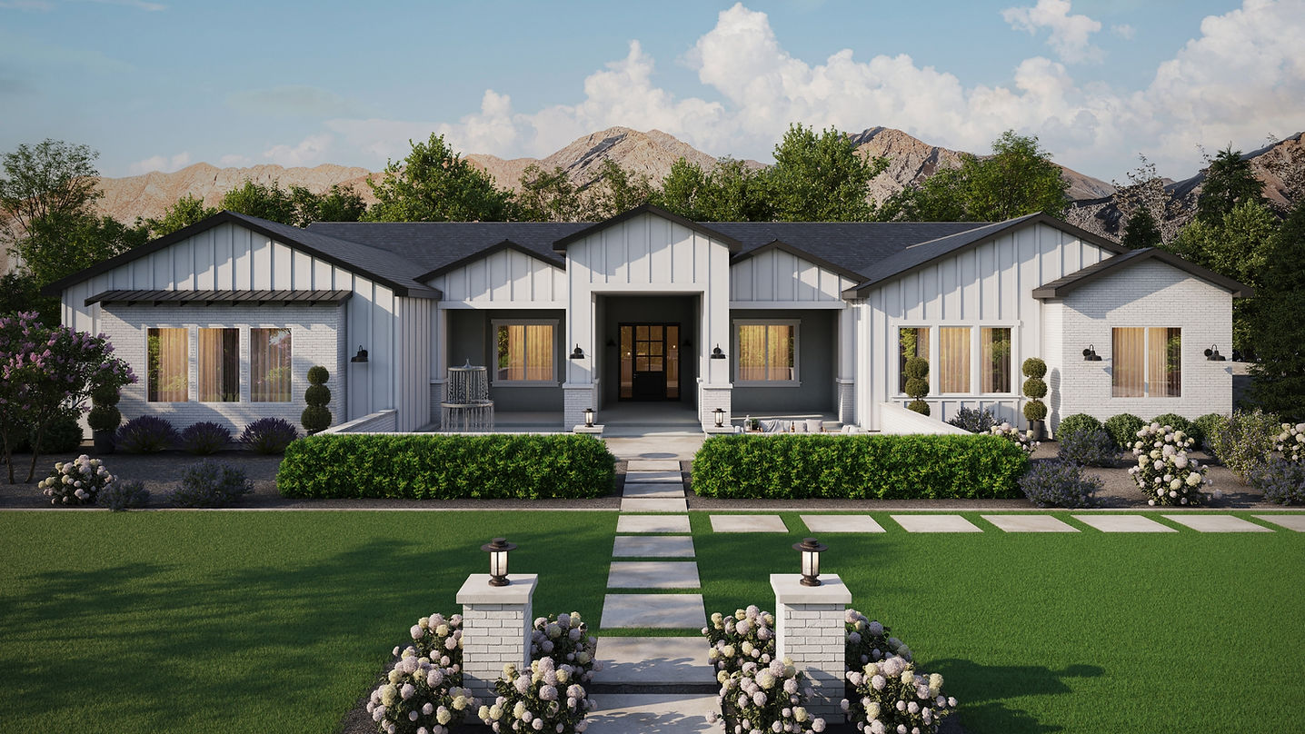 Modern farmhouse-style house, black roof. New Construction Homes for Sale.